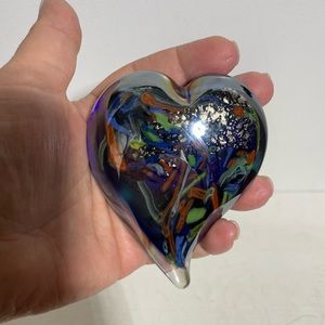 VENETIAN ART GLASS HEART Paperweight Figurine Cobalt Blue Multicolor Silver 4”